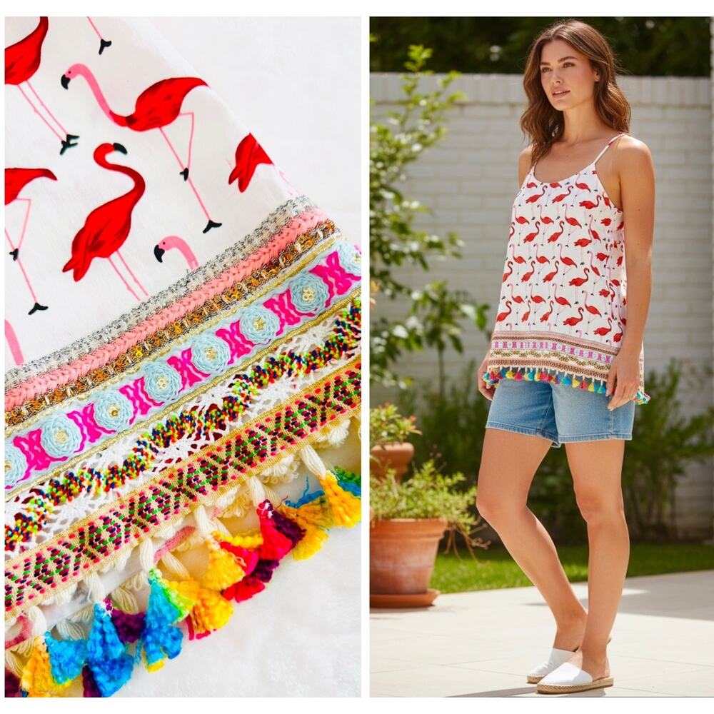 NWOT Entro Size L Flamingo Tasseled Crochet Sequined Top Rayon Anthropologie